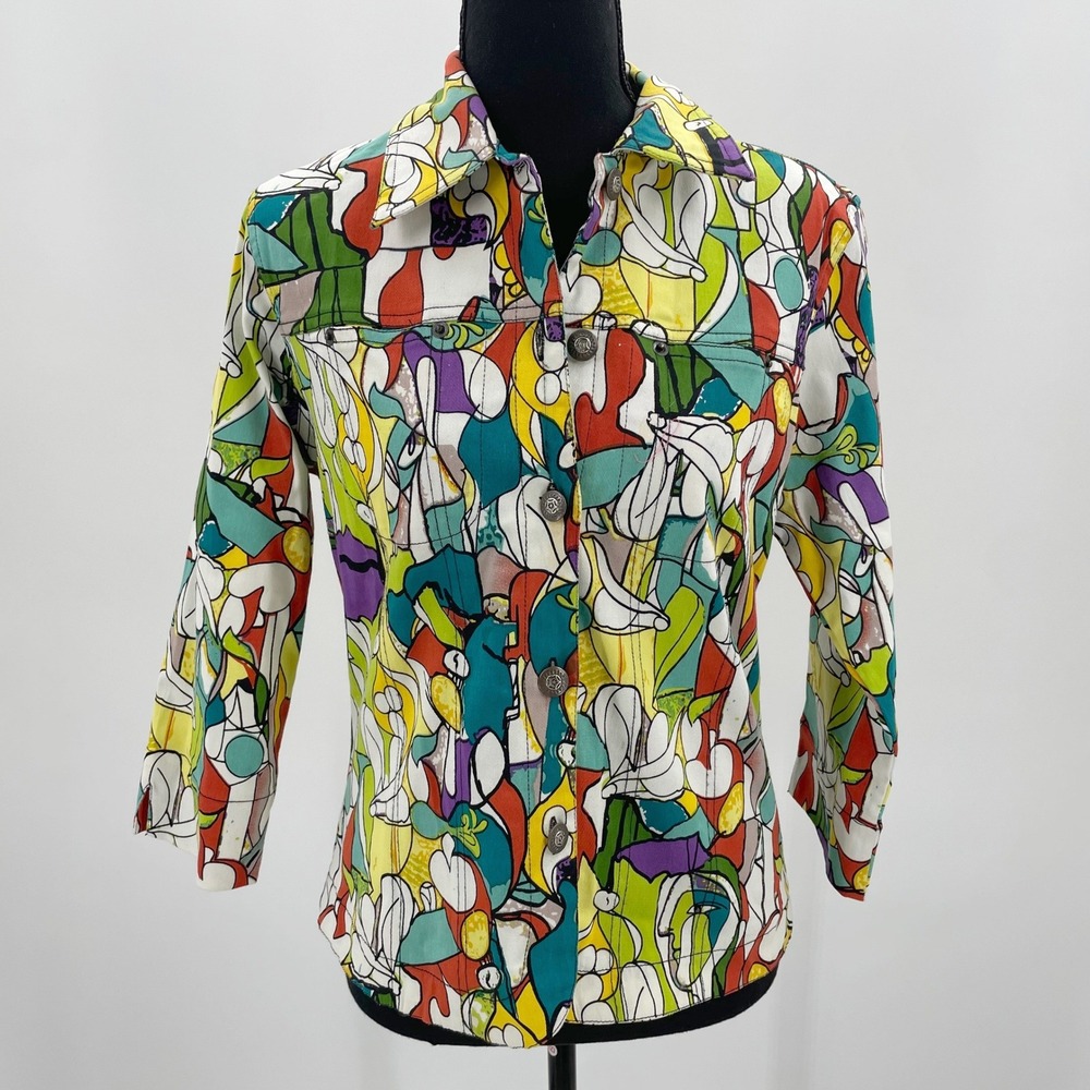 Mirror Image Womens Abstract Geometric Print Button Up Jacket Multi Color‎ Small